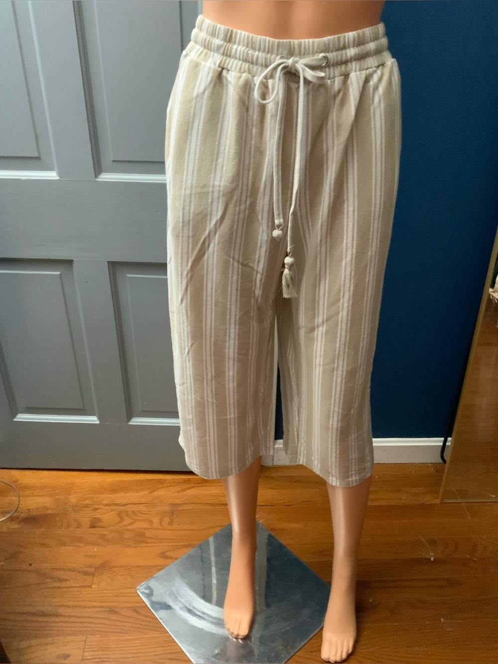 Belle by Kim Gravel Beige & White Striped Cropped Drawstring Pants